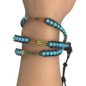 Wrap Bracelet Blue Black Beaded Boho Style Adjustable Length